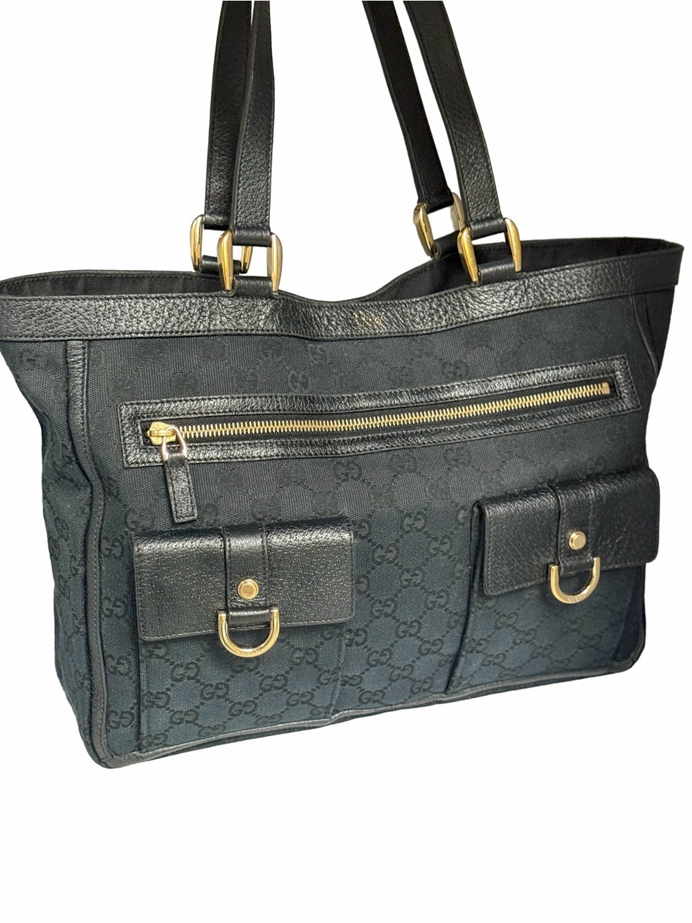Vintage Gucci Abbey GG Canvas Tote Black Leather D-Ring Shoulder Bag